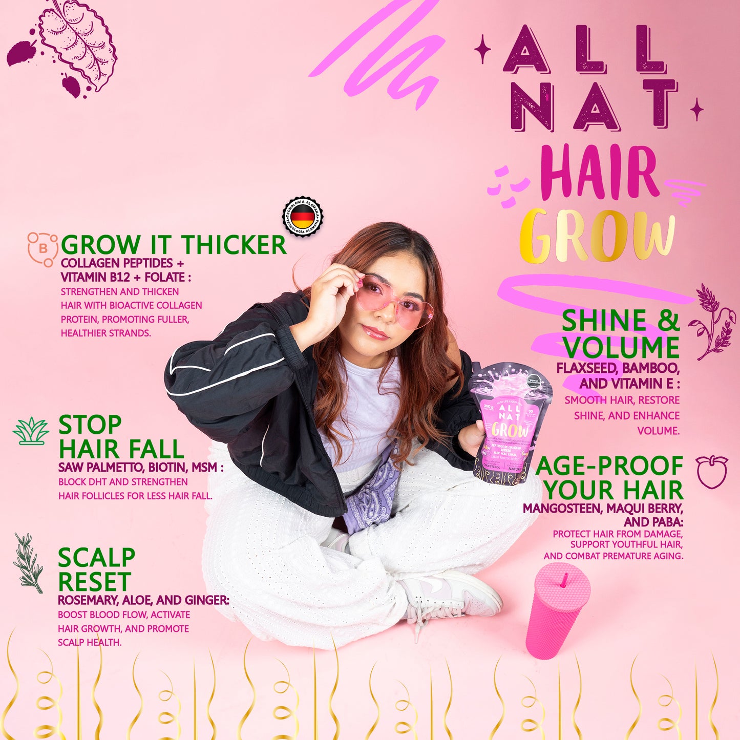 ALL NAT Hair Grow – Nutritional Hair Formula (30-Day Supply) Growth • Strength • Thickness • Shine | Natural Powder Drink |