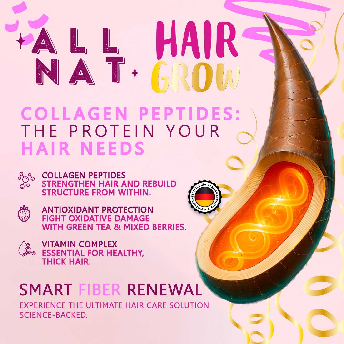 ALL NAT Hair Grow – Nutritional Hair Formula (30-Day Supply) Growth • Strength • Thickness • Shine | Natural Powder Drink |