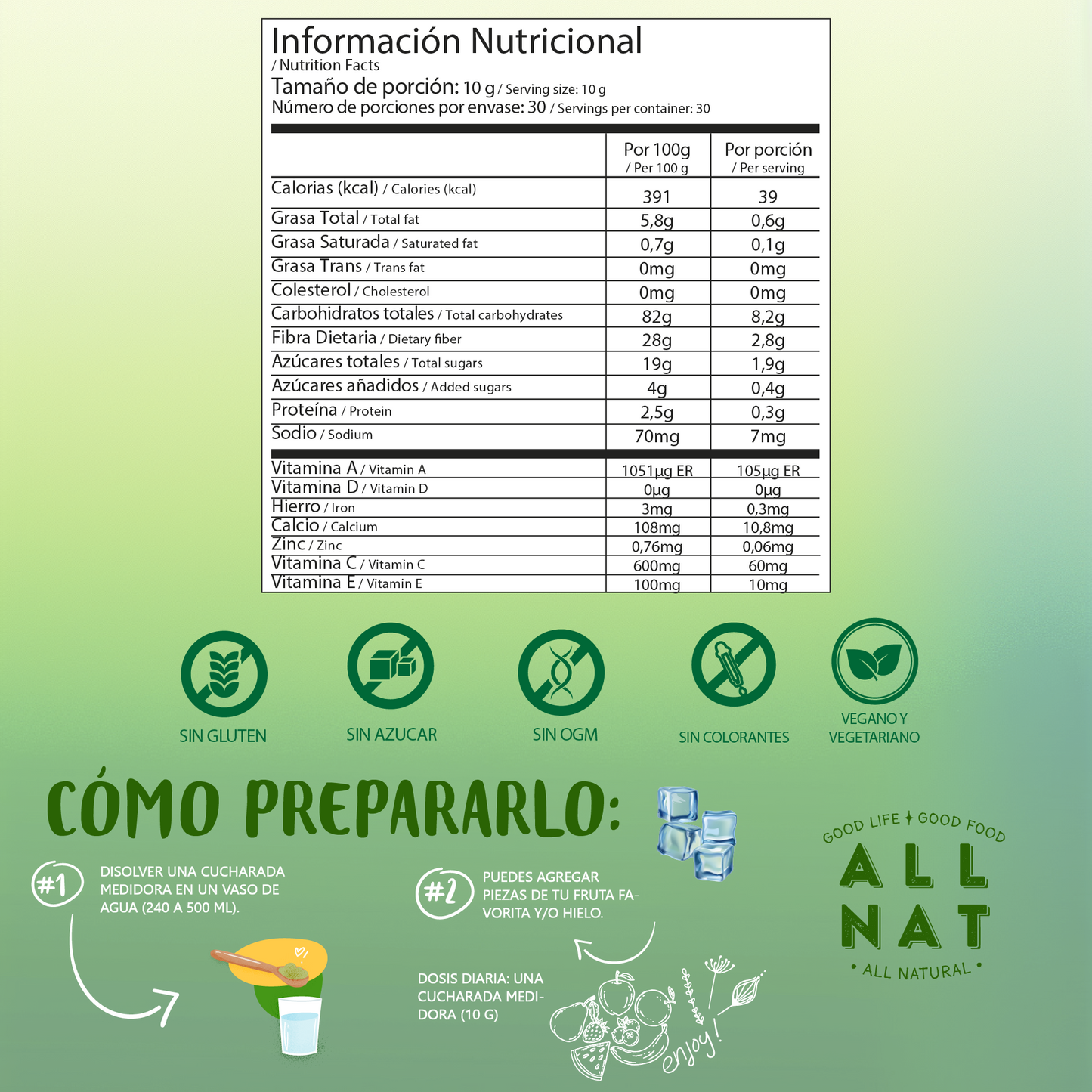 ALL NAT Green Juice Super Greens en Polvo | 38 Superalimentos y 11 Orgánicos | Probiótico GLP-1 con Akkermansia para Salud Intestinal & Control de Peso