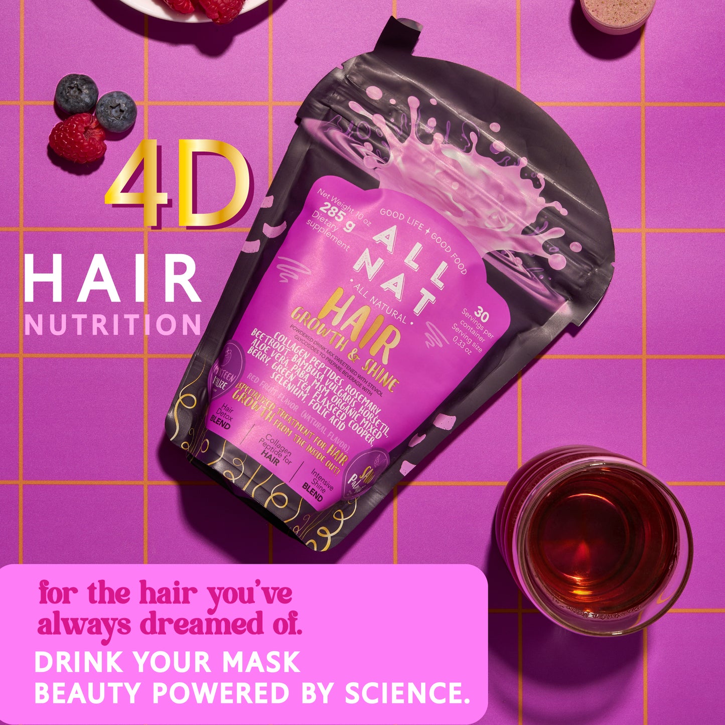 ALLNAT HAIR GROWTH & SHINE– Nutritional Hair Formula (30-Day Supply) Growth • Strength • Thickness • Shine | Natural Powder Drink |