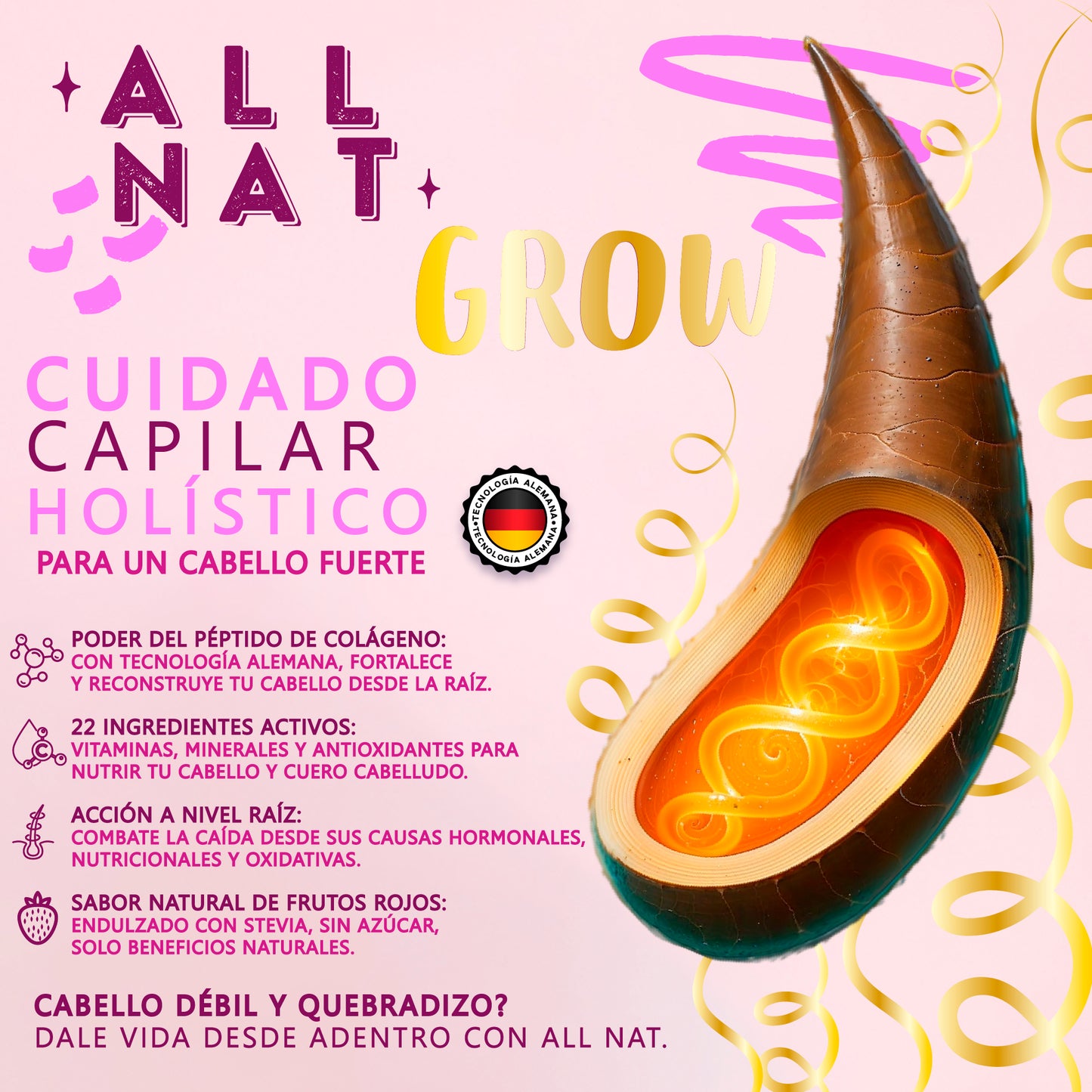 ALL NAT GROW Péptido de colágeno especializado en mejorar el crecimiento y la apariencia del cabello.