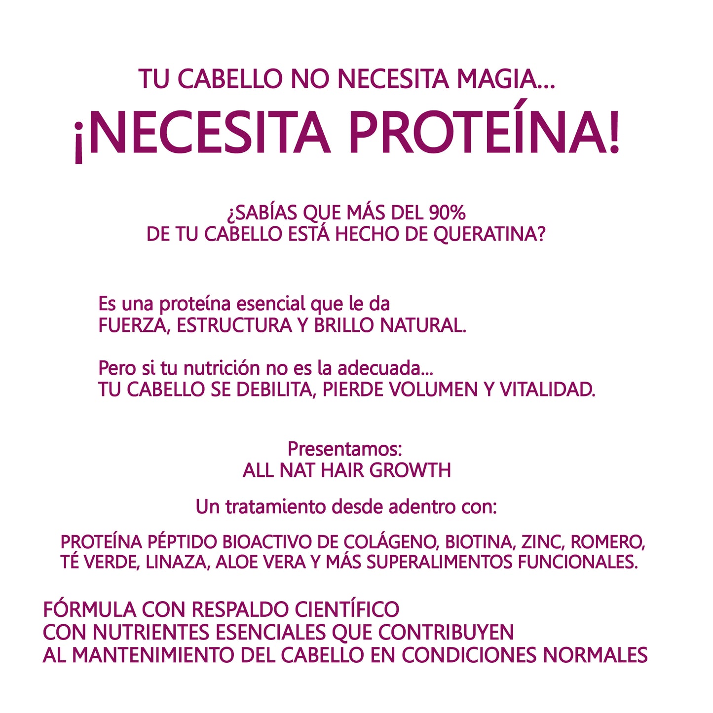 ALL NAT GROW Péptido de colágeno especializado en mejorar el crecimiento y la apariencia del cabello.