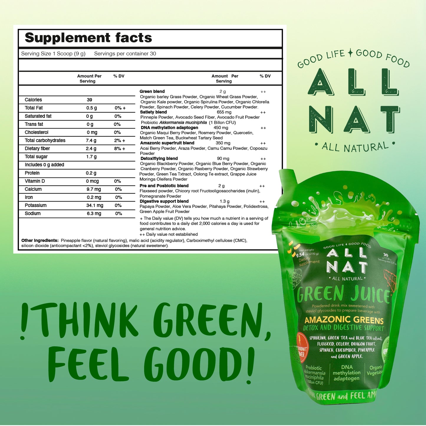 ALL NAT Green Juice Super Greens Powder | 38 Superfoods & 11 Organics | Detox & Gut Health Support | GLP-1 Satiety Probiotic with Akkermansia for Gut Health & Weight Control | DNA Longevity Blend