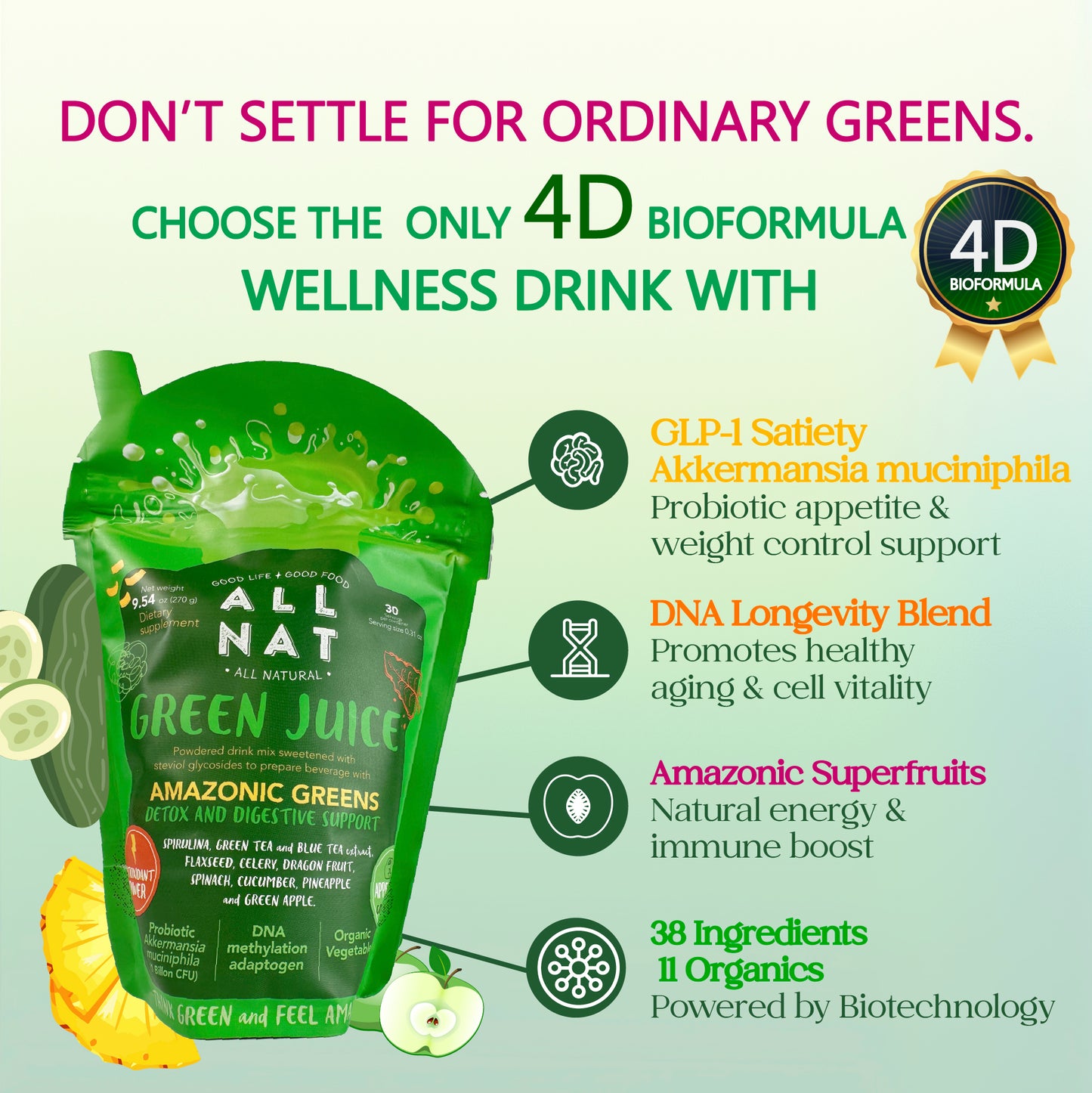 ALL NAT Green Juice Super Greens Powder | 38 Superfoods & 11 Organics | Detox & Gut Health Support | GLP-1 Satiety Probiotic with Akkermansia for Gut Health & Weight Control | DNA Longevity Blend