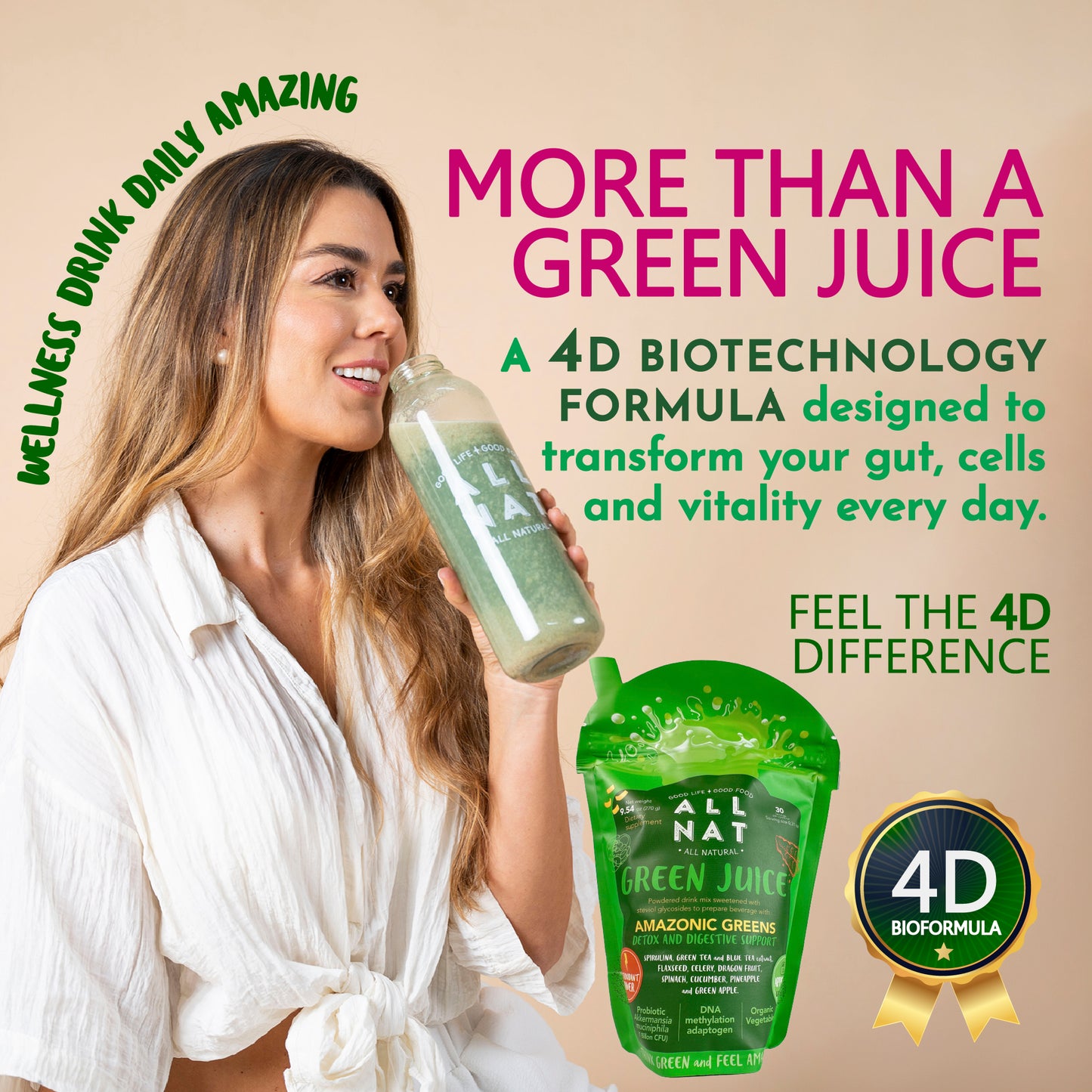 ALL NAT Green Juice Super Greens Powder | 38 Superfoods & 11 Organics | Detox & Gut Health Support | GLP-1 Satiety Probiotic with Akkermansia for Gut Health & Weight Control | DNA Longevity Blend