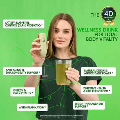 ALL NAT Super Greens Powder | 4D Bioformula Wellness Drink with 38 Superfoods & 11 Organic Nutrients | GLP-1 Probiotic (Akkermansia) for Gut & Weight Support | DNA Longevity Blend + Amazonian Antioxidants | Vegan · No Sugar · 30 Servings