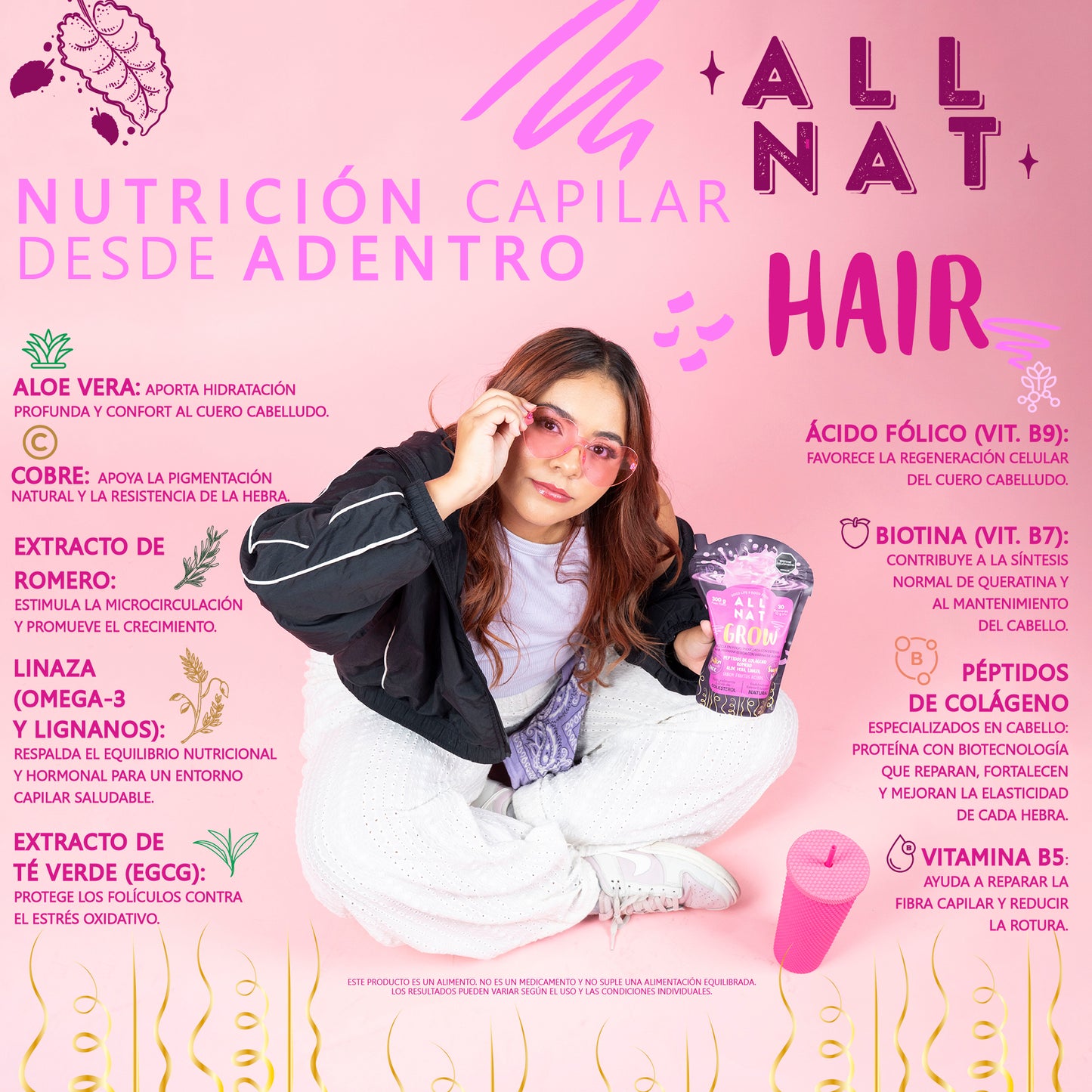 ALL NAT GROW Péptido de colágeno especializado en mejorar el crecimiento y la apariencia del cabello.