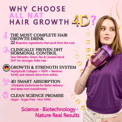 ALL NAT HAIR GROWTH & SHINE™ | 4D Bioformula Drink with 22 Active Ingredients | Blocks DHT, Strengthens Follicles, Restores Shine & Prevents Graying | For Women & Men | Vegan · Sugar-Free · 300g