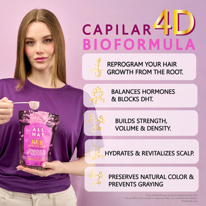 ALL NAT HAIR GROWTH & SHINE™ | 4D Bioformula Drink with 22 Active Ingredients | Blocks DHT, Strengthens Follicles, Restores Shine & Prevents Graying | For Women & Men | Vegan · Sugar-Free · 300g