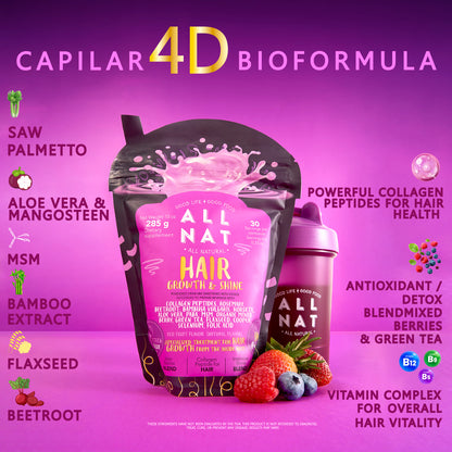 ALL NAT HAIR GROWTH & SHINE™ | 4D Bioformula Drink with 22 Active Ingredients | Blocks DHT, Strengthens Follicles, Restores Shine & Prevents Graying | For Women & Men | Vegan · Sugar-Free · 300g