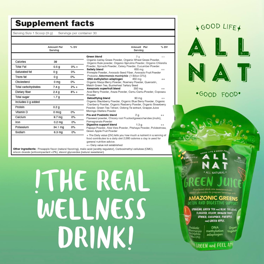 ALL NAT Super Greens Powder | 4D Bioformula Wellness Drink with 38 Superfoods & 11 Organic Nutrients | GLP-1 Probiotic (Akkermansia) for Gut & Weight Support | DNA Longevity Blend + Amazonian Antioxidants | Vegan · No Sugar · 30 Servings