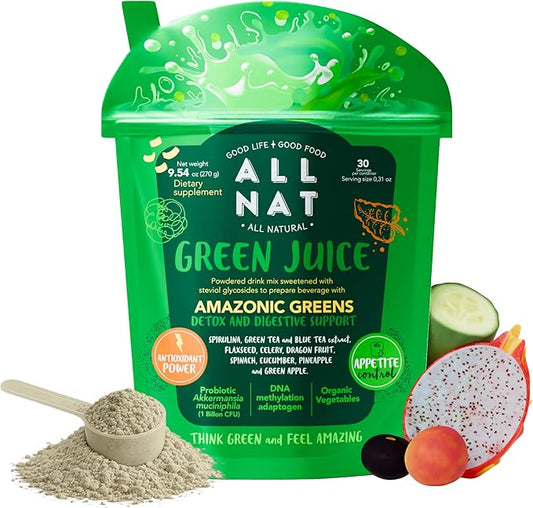 ALL NAT Green Juice - Advanced Superfood Powder with Akkermansia (GLP-1 Support) & DNA Methylation Adaptogens - 38 Ingredients for Detox, Amazonic Greens, Anti-Aging & Natural Satiety - 11 Organic Supergreens - 30 Servings