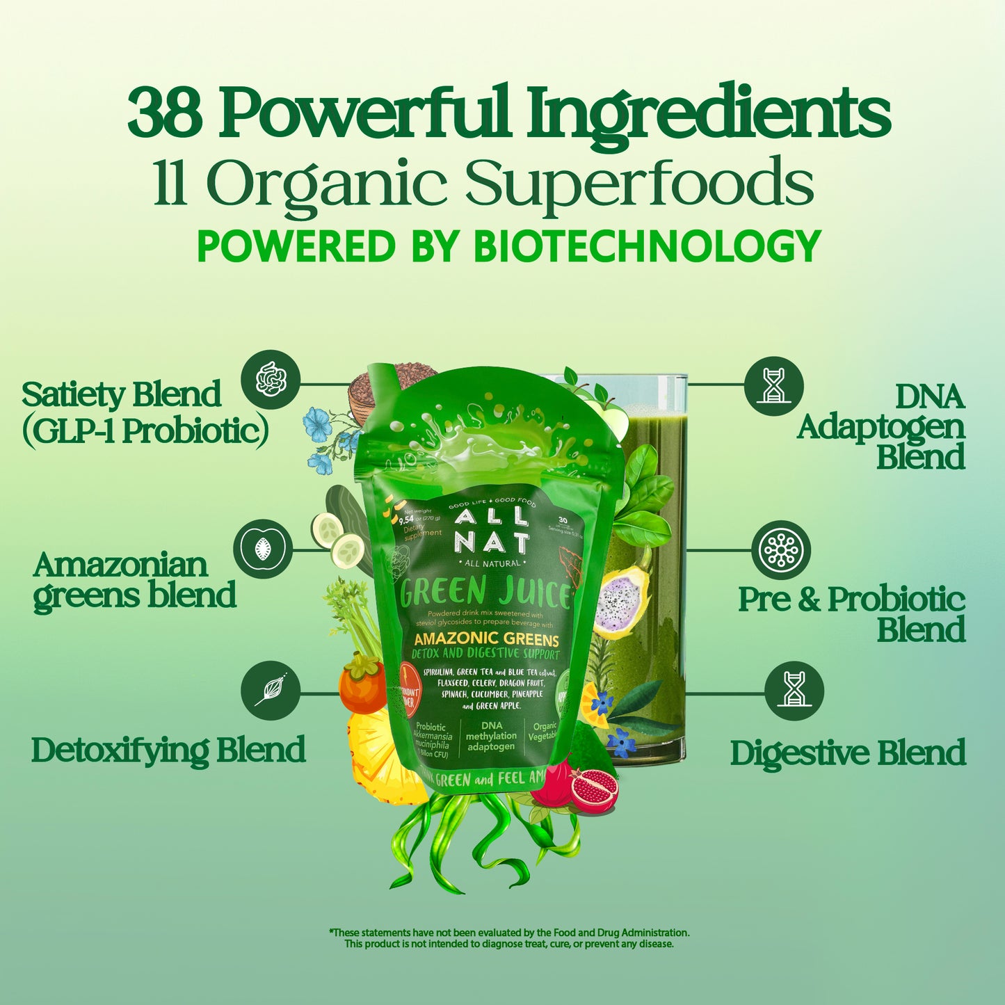 ALL NAT Super Greens Powder | 4D Bioformula Wellness Drink with 38 Superfoods & 11 Organic Nutrients | GLP-1 Probiotic (Akkermansia) for Gut & Weight Support | DNA Longevity Blend + Amazonian Antioxidants | Vegan · No Sugar · 30 Servings