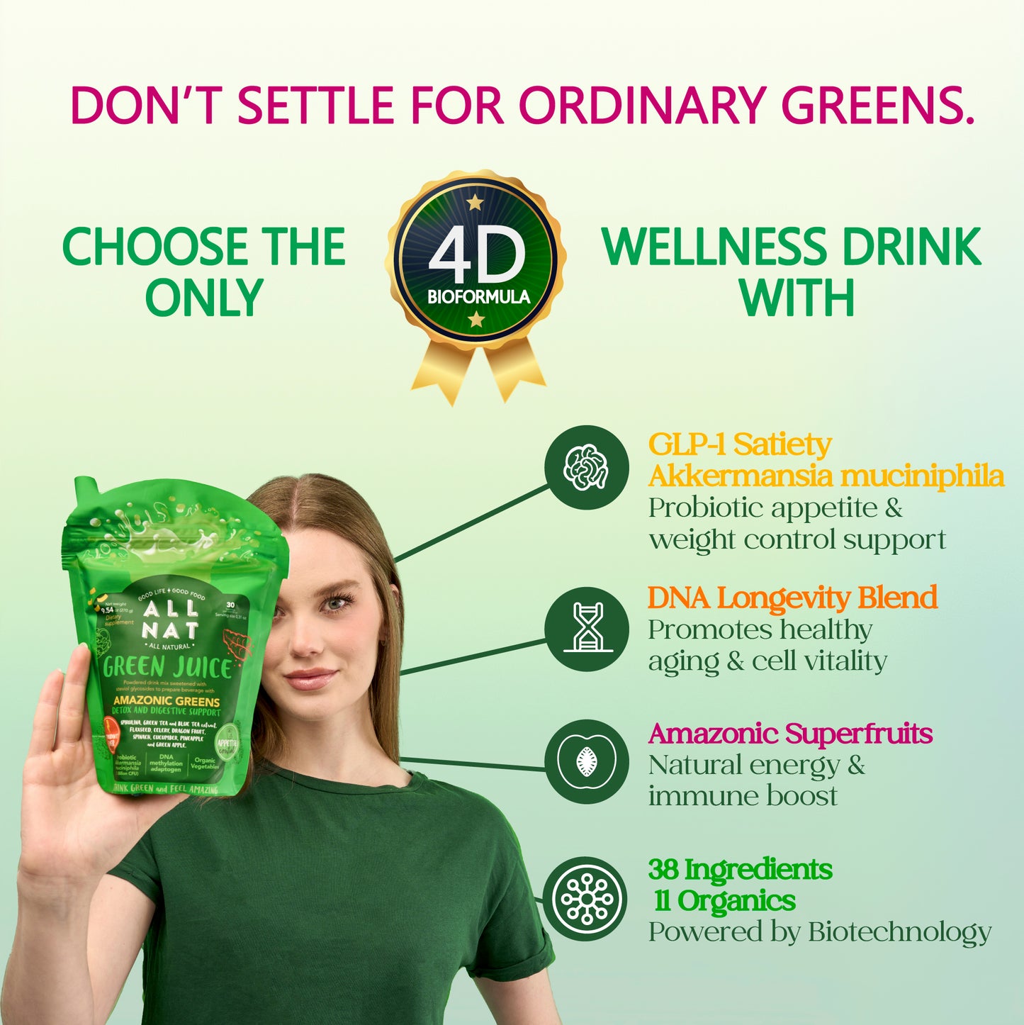 ALL NAT Super Greens Powder | 4D Bioformula Wellness Drink with 38 Superfoods & 11 Organic Nutrients | GLP-1 Probiotic (Akkermansia) for Gut & Weight Support | DNA Longevity Blend + Amazonian Antioxidants | Vegan · No Sugar · 30 Servings