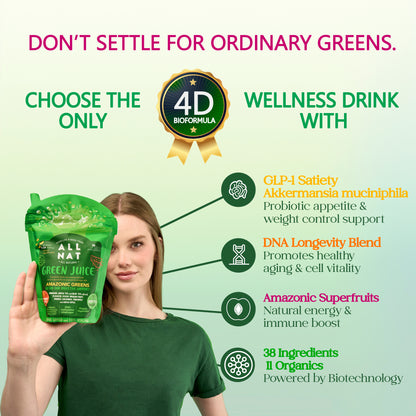 ALL NAT Super Greens Powder | 4D Bioformula Wellness Drink with 38 Superfoods & 11 Organic Nutrients | GLP-1 Probiotic (Akkermansia) for Gut & Weight Support | DNA Longevity Blend + Amazonian Antioxidants | Vegan · No Sugar · 30 Servings