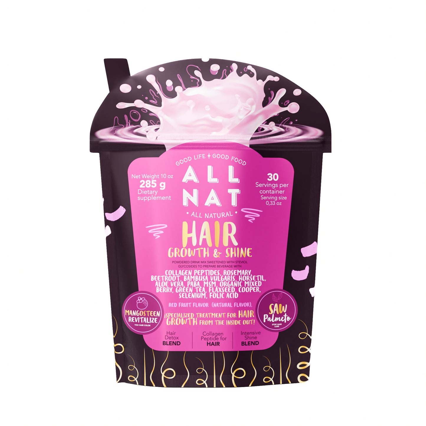 ALL NAT HAIR GROWTH & SHINE™ | 4D Bioformula Drink with 22 Active Ingredients | Blocks DHT, Strengthens Follicles, Restores Shine & Prevents Graying | For Women & Men | Vegan · Sugar-Free · 300g