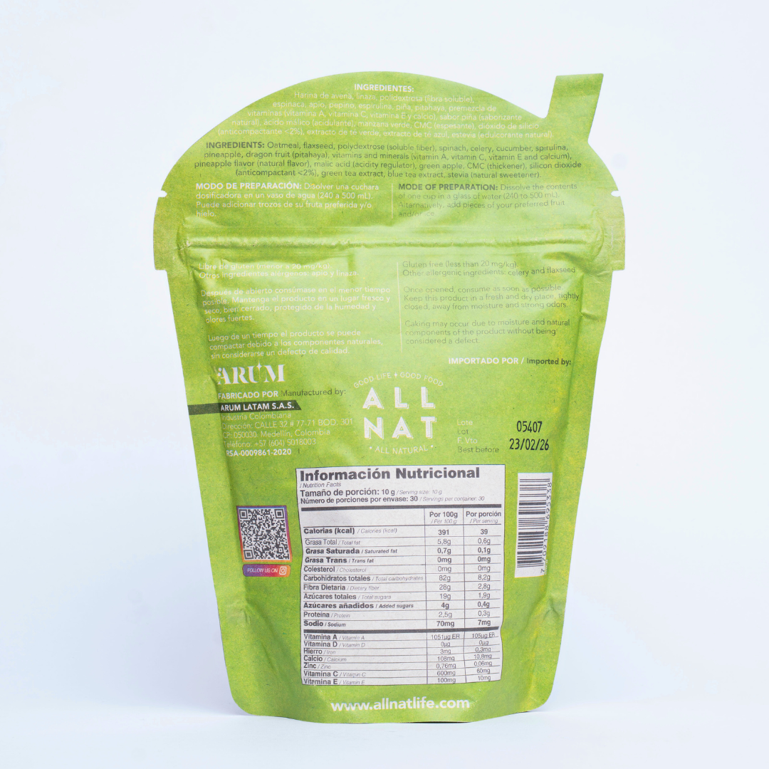 ALL NAT Green Juice Super Greens en Polvo | 38 Superalimentos y 11 Orgánicos | Probiótico GLP-1 con Akkermansia para Salud Intestinal &amp; Control de Peso